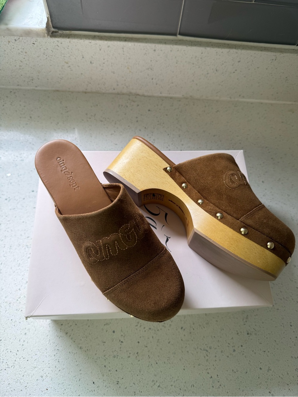 cinq a sept Brown Suede Studded Platform Clog Mules